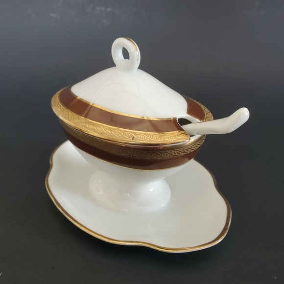 Richard Ginori Palmero Brown China Mustard Pot Tureen with Underplate & Spoon - Picture 2 of 12